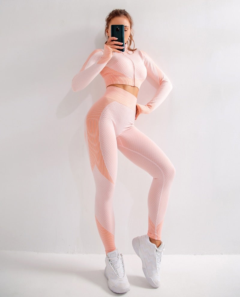 Seamless Yoga Sets Women Fitness Gym Clothing Long Sleeve Shirts High