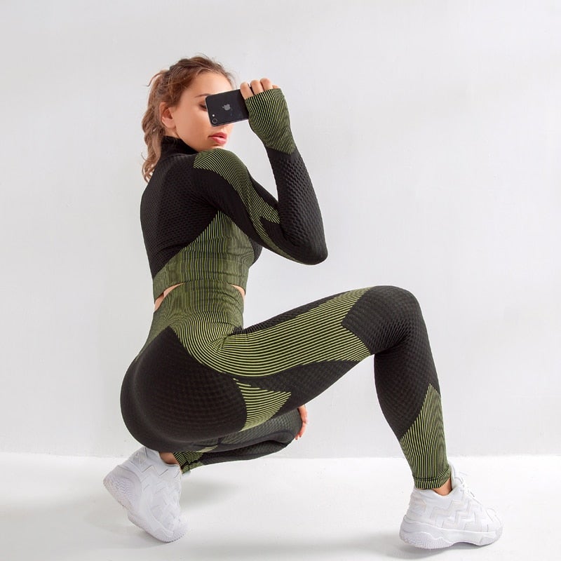 Seamless Yoga Sets Women Fitness Gym Clothing Long Sleeve Shirts High