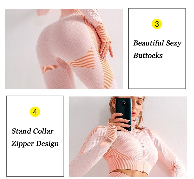 Seamless Yoga Sets Women Fitness Gym Clothing Long Sleeve Shirts High